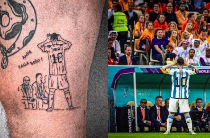 Selebrasi Lionel Messi saat jebol gawang Belanda depan Louis van Gaal diabadikan menjadi tato oleh fans Argentina. (Twitter)