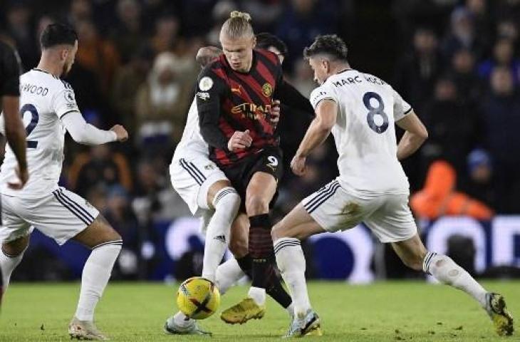 Erling Haaland cetak brace saat Manchester City taklukkan Leeds United 3-1. (AFP)