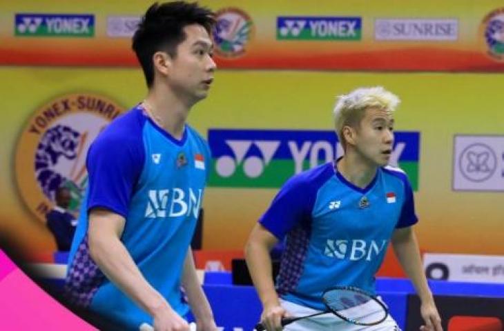 Ganda putra Indonesia Marcus Fernaldi Gideon/Kevin Sanjaya Sukamuljo di India Open 2023. (Instagram/@badminton.ina)