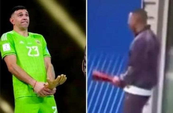 Momen Kylian Mbappe tiru selebrasi pegang 'anu' Emiliano Martinez. (Twitter)