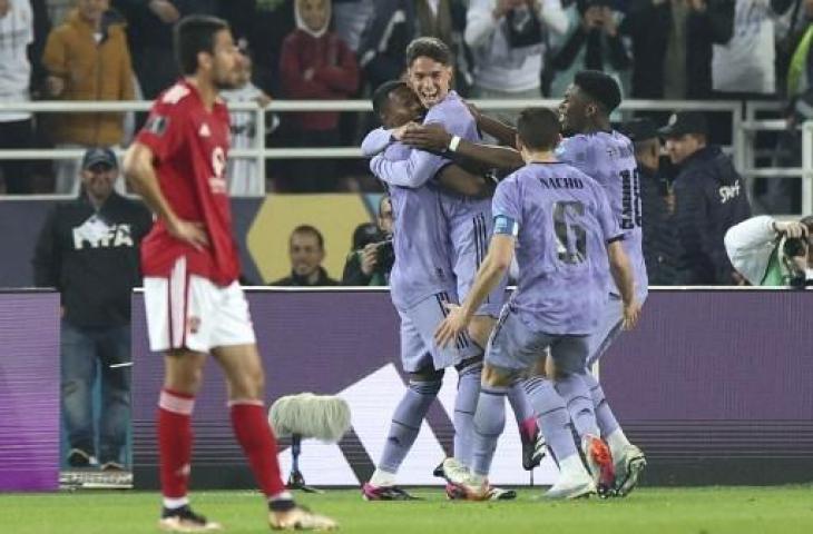 Selebrasi Sergio Arribas usai cetak gol saat Real Madrid taklukkan Al Ahly 4-1 di semifinal Piala Dunia Antarklub 2023. (AFP)