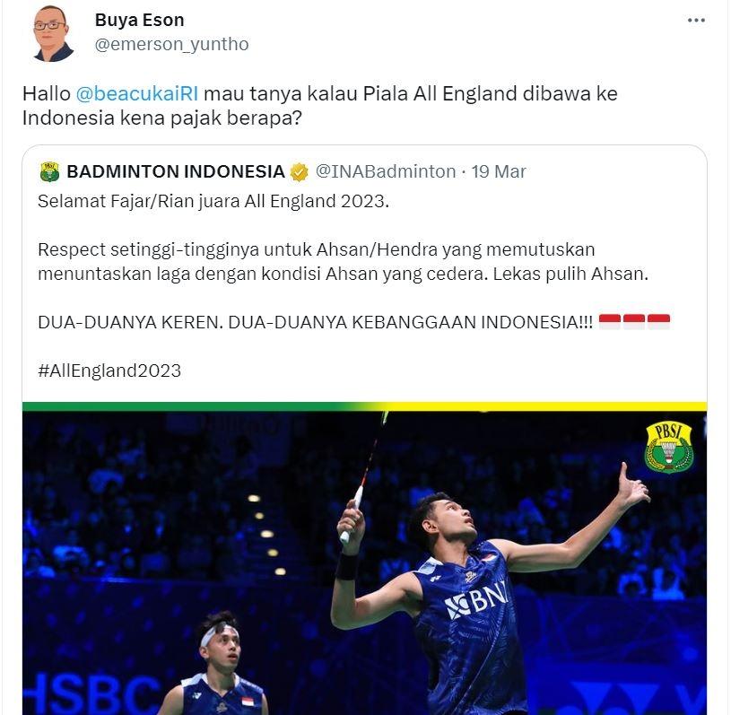 Netizen sindir bea cukai usai ganda Indonesia juara All England. (Twitter/@emerson_yuntho)