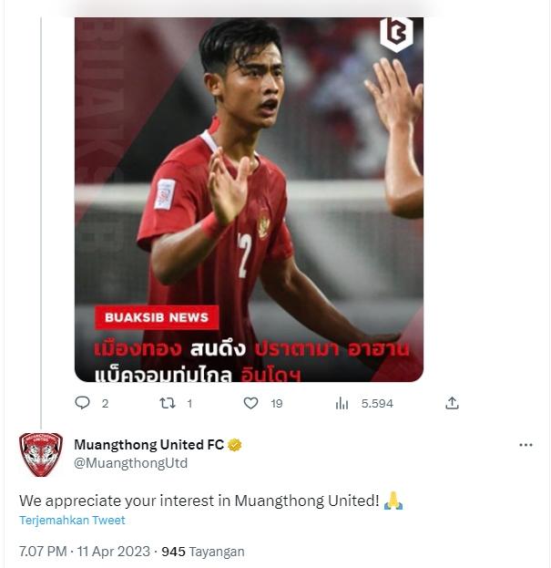 Muangthong United respons rumor Pratama Arhan. (Twitter/@MuangthongUtd)