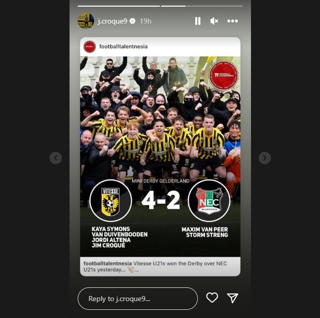 Pemain keturunan, Jim Croque cetak gol di klubnya Vitesse Arnhem U-21. (Instagram/j.croque9)