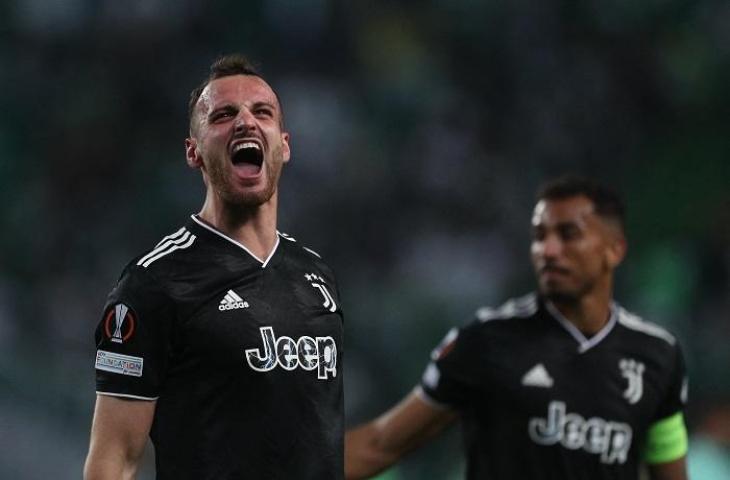 Bek Juventus Federico Gatti usai menyingkirkan Sporting CP di perempat final Liga Europ 2022-2023. (AFP/CARLOS COSTA).