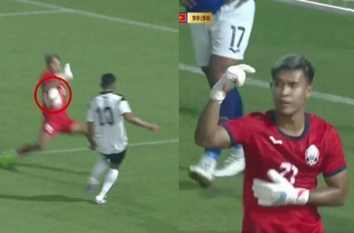 Kiper Kamboja U-22 yang diuntungkan wasit karena tak dianggap pelanggaran meski menyentuh bola dengan tangan di luar kotak penalti. (Tangkap Layar/Soha.vn)