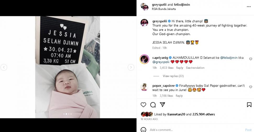 Potret anak Greysia Polii dan Felix Djimin yang baru lahir. (Instagram/@greysiapolii)