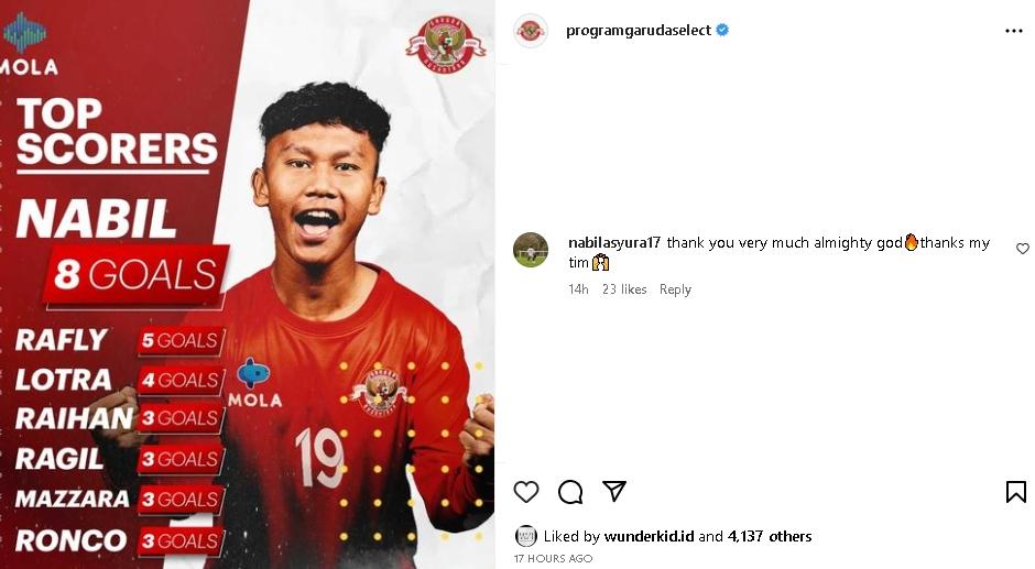 Nabil Asyura jadi top skor Garuda Select 5. (Instagram/@programgarudaselect)