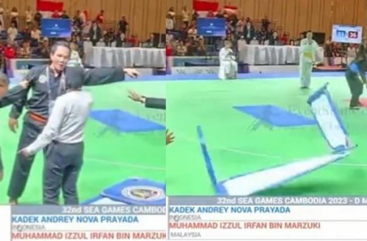 Pelatih Pencak Silat banting barikade di laga final antara Indonesia vs Malaysia. (Kolase Twitter)