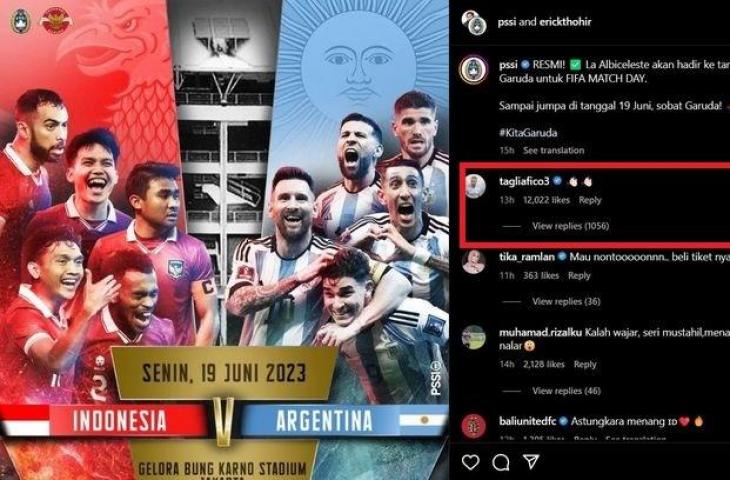 Bek Timnas Argentina, Nicolas Tagliafico nongol di postingan PSSI. (Instagram)