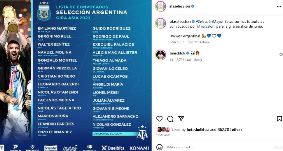 Reaksi Marc Klok usai lihat skuad Argentina. (Instagram/@afaseleccion)