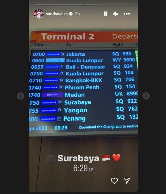 Sandy Walsh akan tiba di Surabaya hari ini. (Instagram/sandywalsh)