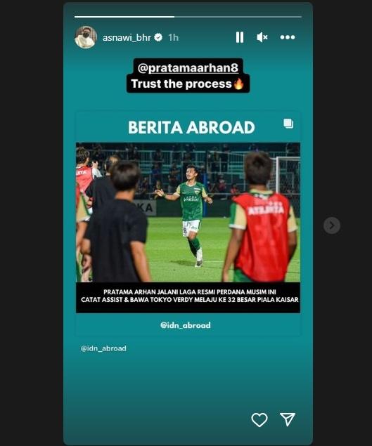 Asnawi Mangkualam bereaksi usai Arhan jadi pahlawan kemenangan Tokyo Verdy. (Instagram/asnawi_bhr)