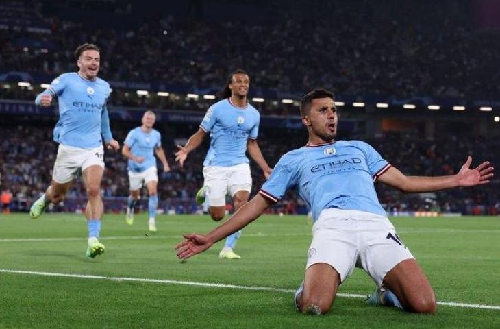 Selebrasi Rodri usai cetak gol kemenangan Manchester City atas Inter Milan di final Liga Champions. (Twitter/
@TheEuropeanLad)