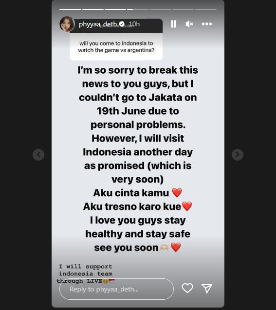 Phyadeth Rotha mengaku akan dukung timnas Indonesia, tapi tak bisa datang langsung ke stadion. (Instagram/phyyaa_deth)