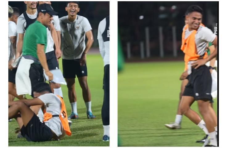 Shin Tae-yong menjatuhkan marselino Ferdinan saat sesi latihan (Instagram/PSSI)