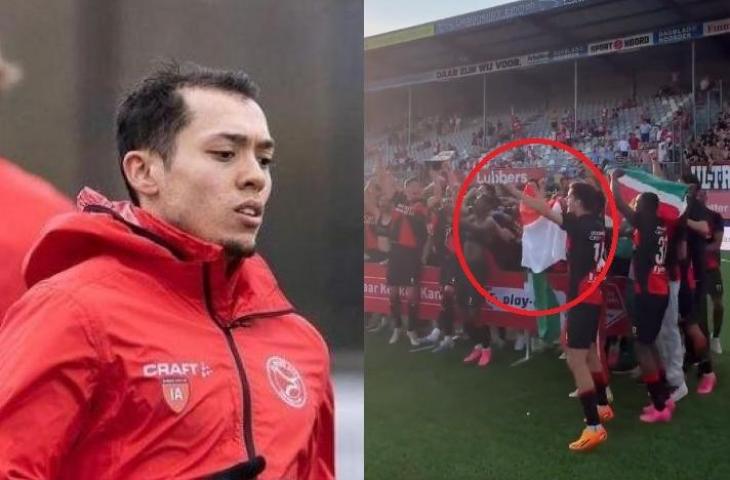 Pemain keturunan Ilias Alhaft kibarkan bendera Merah Putih. (Kolase Instagram/almere_city_fanpage dan Twitter/@FT_IDN)