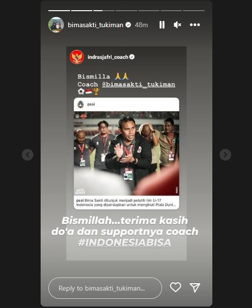 Bima Sakti ucapkan terima kasih atas dukungan yang diberikan Indra Sjafri usai dirinya ditunjuk jadi pelatih timnas Indonesia U-17. (Instagram/bimasakti_tukiman)