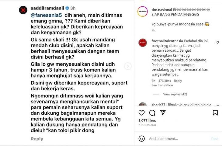 Saddil Ramdani disorot karena diduga sindir pemain naturalisasi. (Instagram/@tim.nasional)