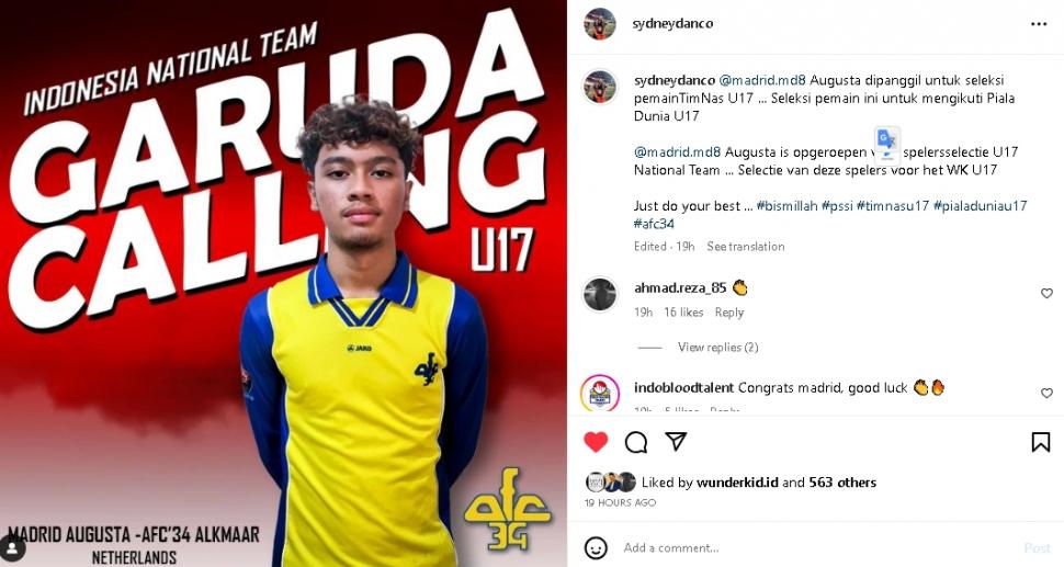 Pemain abroad Madrid Augusta dipanggil ke Timnas Indonesia U-17. (Instagram/@sydneydanco)