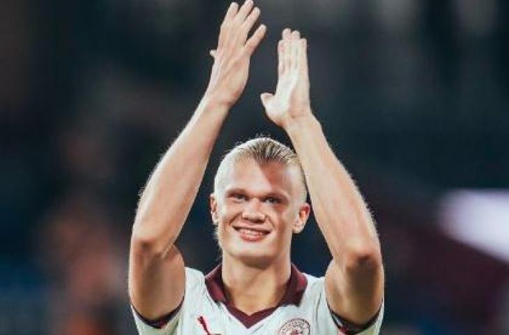 Pemain Manchester City Erling Haaland cetak dua gol ke gawang Burnley di Liga Inggris 2023-2034. (Twitter/@mancity)