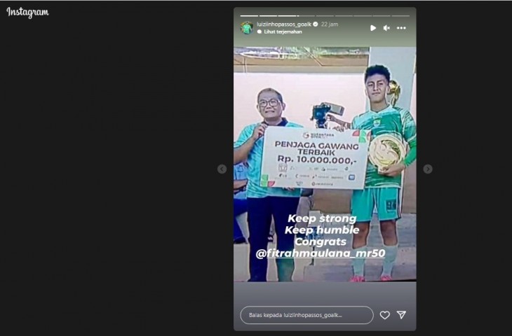 Tangkap layar Instagram Story pelatih kiper Persib, Luizinho Passos. 