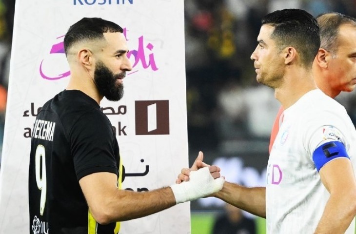 Kebersamaan Karim Benzema dan Cristiano Ronaldo di laga Al Ittihad dan Al Nassr dalam pekan ke-18 Liga Arab Saudi 2023-2024. (spl_en)