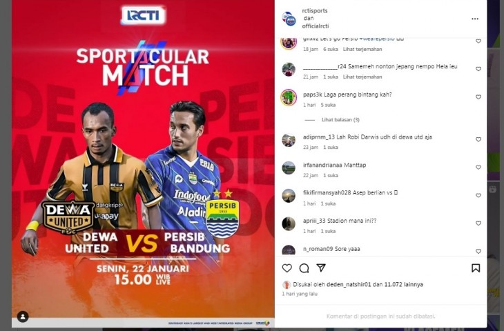 RCTI resmi siarkan langsung laga uji coba Dewa United vs Persib. (Instagram RCTI)