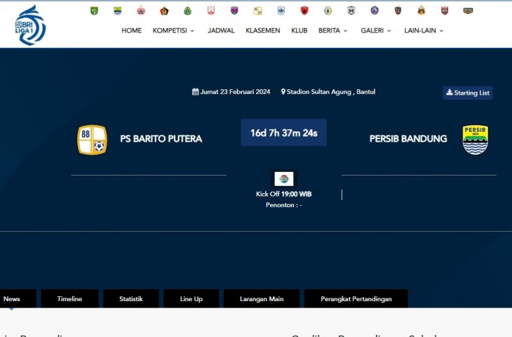 Tangkap layar jadwal pertandingan Barito Putera vs Persib yang dirilis PT LIB.