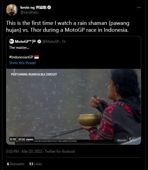 Meme pawang hujan MotoGP Mandalika menarik perhatian netizen. (Twitter)