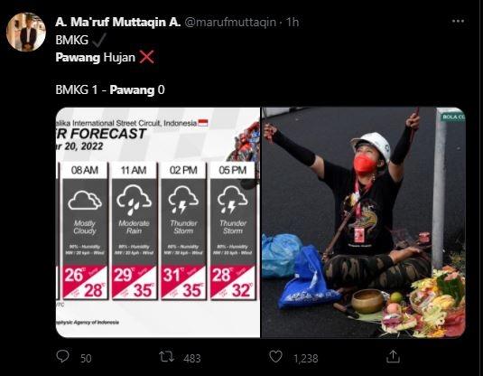 Meme pawang hujan MotoGP Mandalika menarik perhatian netizen. (Twitter)