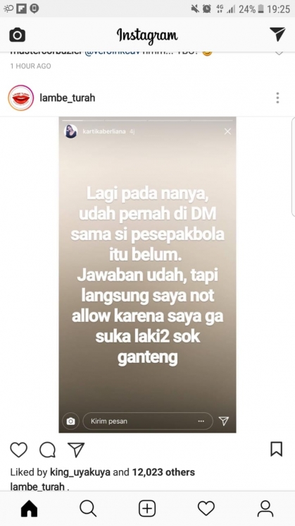 Postingan Kartika Berliana yang disebar Lambe_turah. 