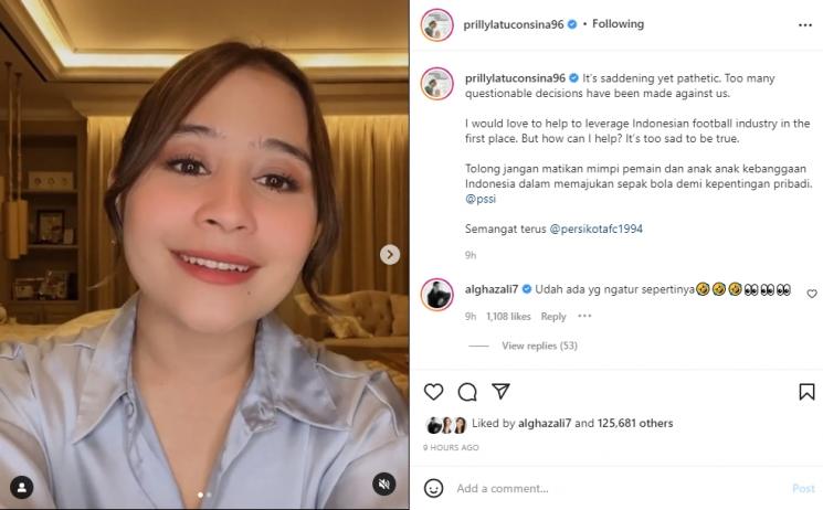 Prilly Latuconsina kecewa pada PSSI karena merasa Persikota dicurangi wasit. (Instagram/prillylatuconsina96)