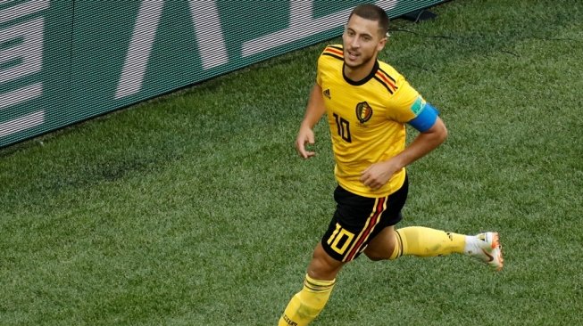 Kapten Belgia, Eden Hazard, merayakan gol ke gawang Inggris dalam perebutan peringkat ketiga Piala Dunia 2018 di Krestovsky Stadium, Saint-Petersburg, Sabtu (14/7/). [Anadolu/Fatih Aktas]