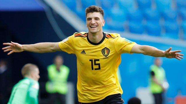 Pemain Belgia, Thomas Meunier, merayakan golnya ke gawang Inggris dalam perebutan tempat ketiga Piala Dunia 2018 di Krestovsky Stadium, Saint-Petersburg, Sabtu (14/7). [Anadolu/Fatih Aktas]