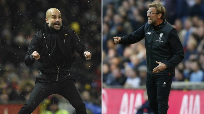 Kolase foto manajer Manchester City, Pep Guardiola (kiri) dan pelatih Liverpool, Jurgen Klopp. [Oli SCARFF, Ian KINGTON / AFP]