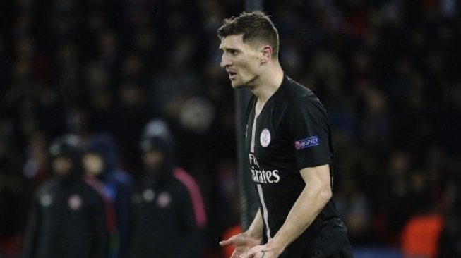 Bek Paris Saint-Germain asal Belgia Thomas Meunier. Geoffroy VAN DER HASSELT / AFP