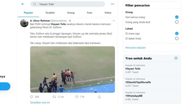 Tangkapan layar yang menunjukkan nama Achmad Hisyam Tolle trending topic di Twitter. (Twitter)