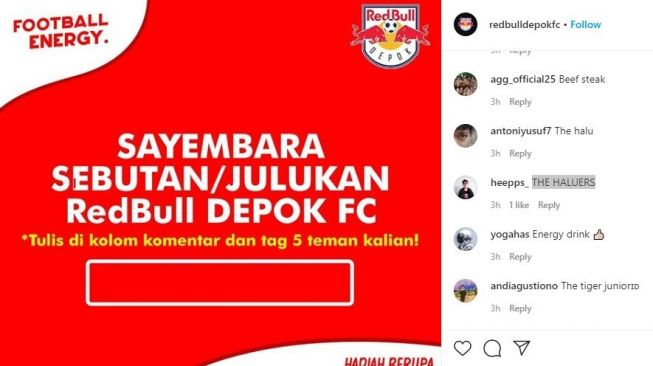 Red Bull Depok FC bikin sayembara soal julukan yang pas. (Instagram/redbulldepokfc)