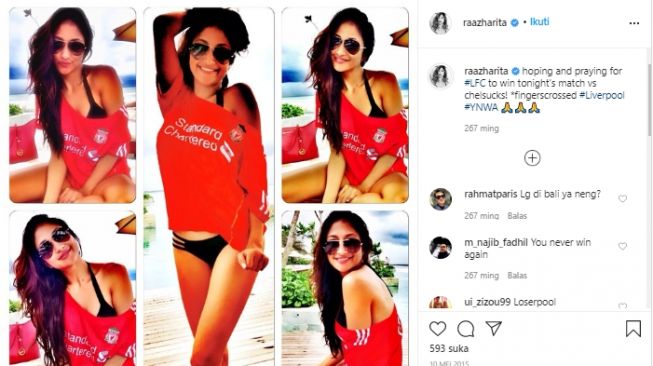 Rahma Azhari saat mengenakan jersey Liverpool. (Instagram/@raazharita).