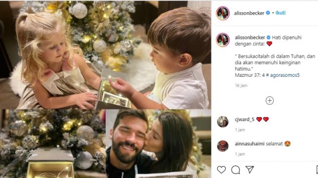 Alisson Becker membagikan hadiah kejutan dari sang istri. (Instagram/alissonbecker)