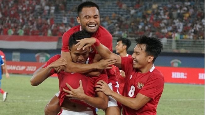 Selebrasi penggawa Timnas Indonesia usai menjebol gawang lawan. (PSSI)