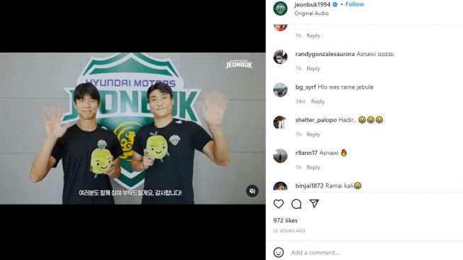 Akun Instagram Jeonbuk Hyundai Motors diserbu netizen Indonesia. (Instagram/jeonbuk1994)