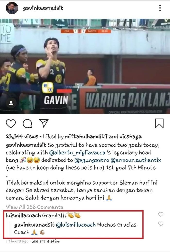 Luis Milla komentari unggahan Gavin Kwan. (Instagram/@gavinkwanadsit).