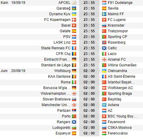 Jadwal Matchday 1 Liga Europa 2019/2020