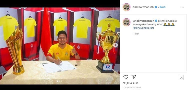 Andik Vermansah bersyukur bisa bergabung Bhayangkara FC. (Instagram/@andikvermansah).