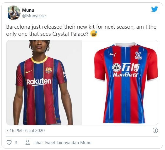 Jersey kandang baru Barcelona disebut mirip jersey Crystal Palace.