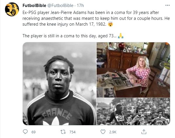 Eks PSG, Jeans-Pierre Adams yang koma selama 39 tahun. (Twitter/@FutbolBible)