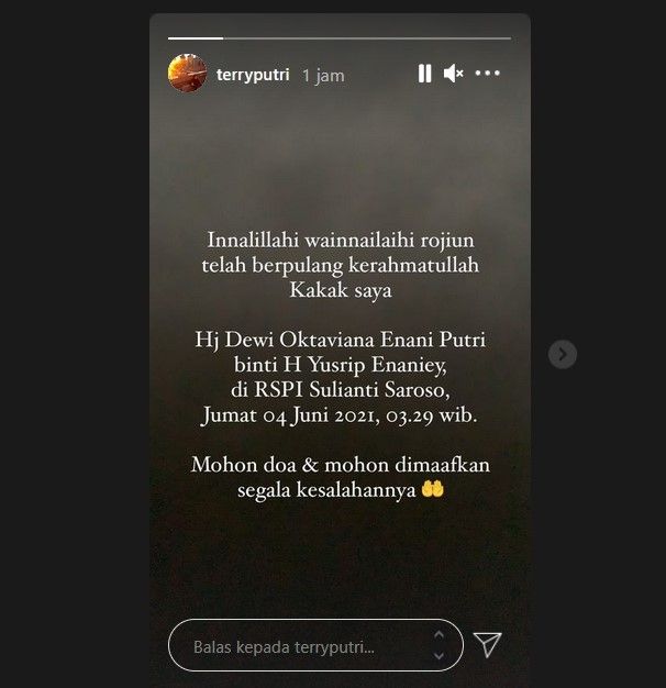 Terry Putri membawa kabar duka, sang kakak meninggal dunia akibat terinfeksi Covid-19. [Instagram]