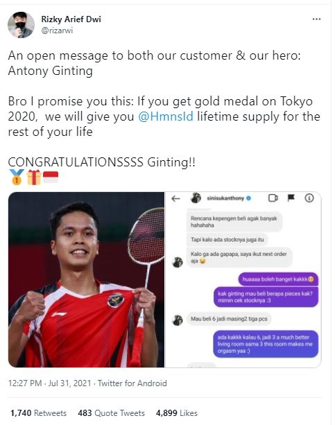 Anthony Ginting dijanjikan parfum gratis seumur hidup. (Twitter/@rizarwi)